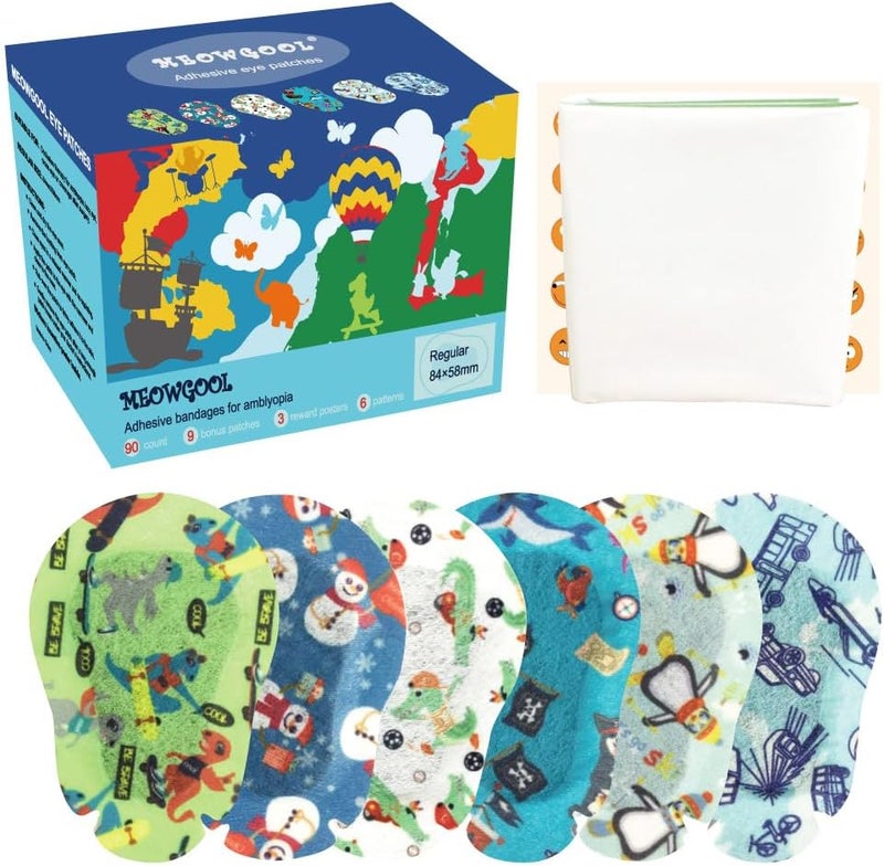 MEOWGOOL Adhesive Eye Patches for Kids with Lazy Eye, 90+9 Bonus Patches, Adhesive Bandages for Amblyopia, 6 Fun Boys Designs (Regular Size) - Image 1